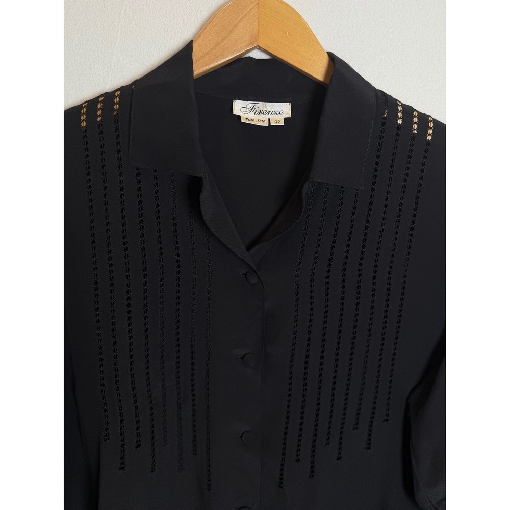 Vtg Firenze Sz 42/US 6 Italian Black Silk Open Work Button Down Blouse